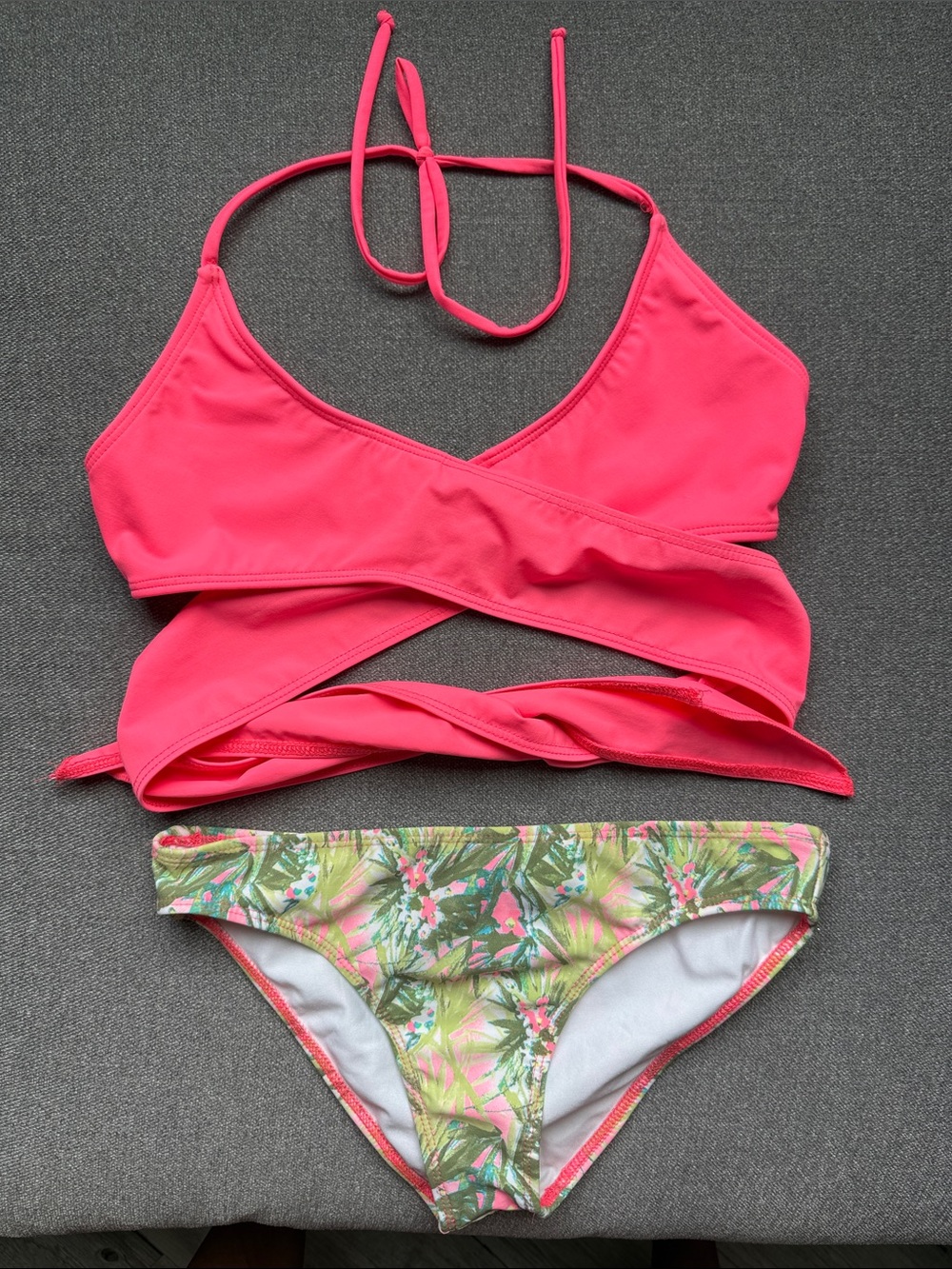 Hot Pink Wrap Bikini Top with Tropical Print Bottom